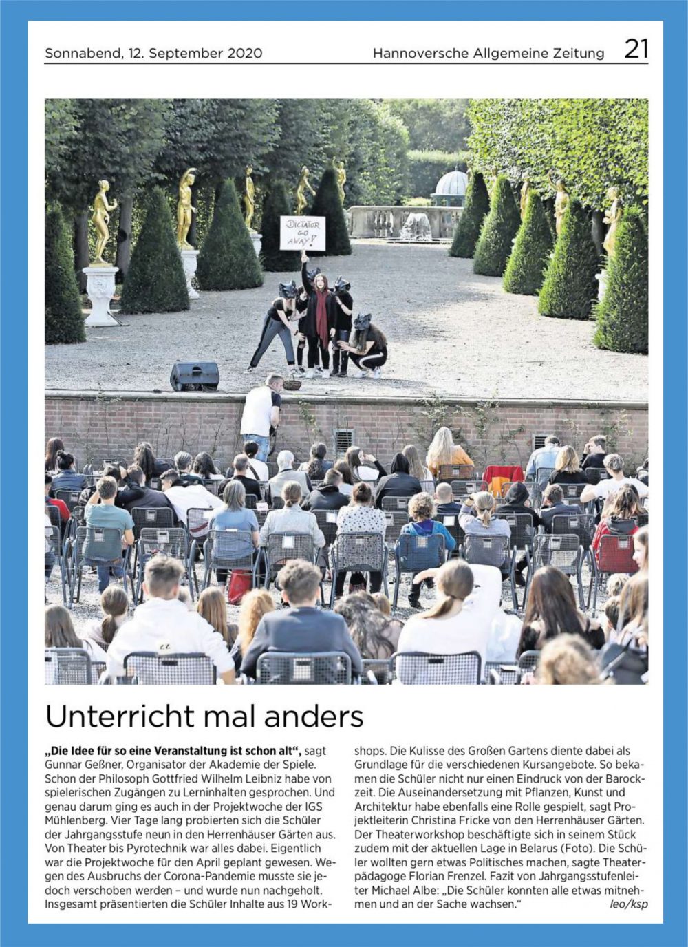 Hannoversche Allgemeine Zeitung vom 12.09.2020, S. 21.